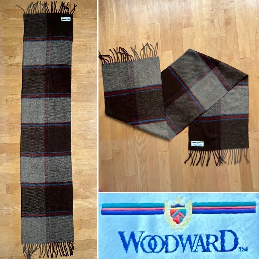 🐑Woodward Plaid Cashmere Wool Fringed Scarf | Taupe Brown Blue + Red